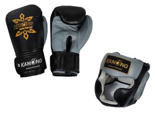 Kanong Cow Skin Leather Boxing Gloves + Head Guard : Gray/Black